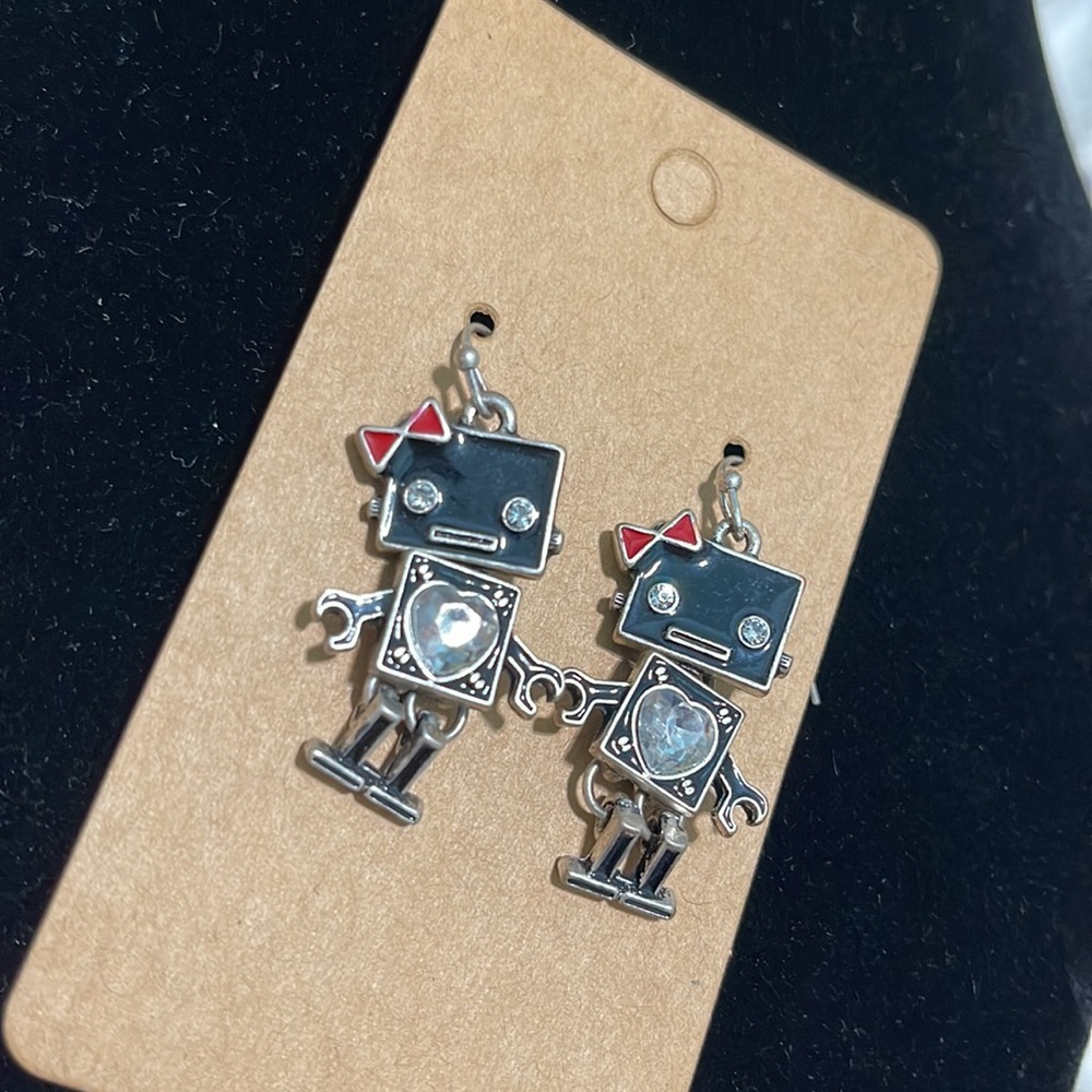 NWOT Robot Enameled Dangle Earrings Black Red Silver